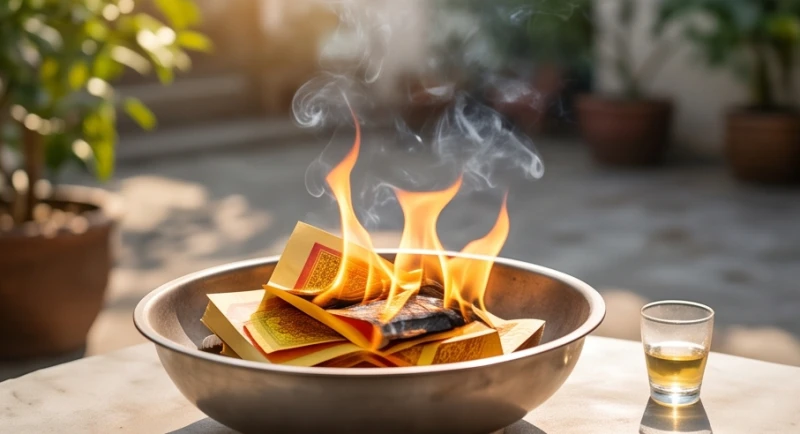 Đốt giấy tiền vàng mã trong một chậu nhôm an toàn đặt cách xa ô tô để tránh tàn lửa