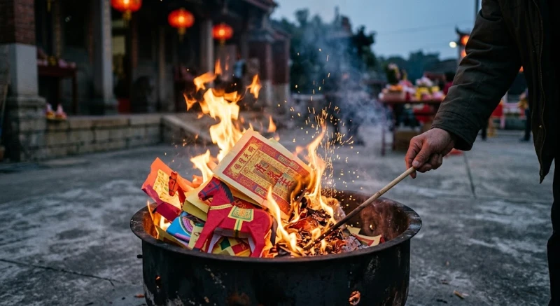 Văn khấn tạ lễ Tam Tai cuối năm: Mâm cúng, ngày giờ và bài khấn 12 Gia chủ dùng gậy nhỏ khơi nhẹ đống tro khi đang đốt tiền vàng và ngựa mã trong lò đốt chuyên dụng sau buổi lễ