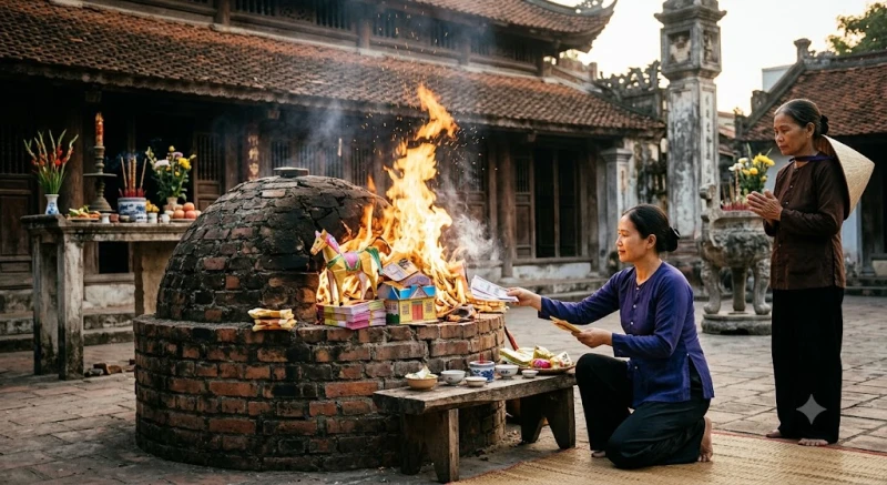 Lò hóa vàng rực lửa nơi người đi lễ cẩn thận đốt các tờ tiền vàng mã và sớ sau khi đã tàn hương