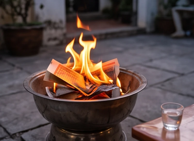 Lửa cháy rực rỡ trong chậu nhôm khi người nhà tiến hành hóa vàng mã, kèm theo ly rượu trắng rưới quanh