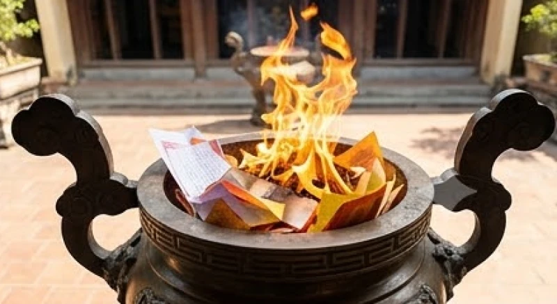 Văn khấn nhận con nuôi tại chùa: Cách sắm lễ và viết sớ chuẩn 8 Lá sớ và sổ bán khoán được gia đình hóa trong ngọn lửa rực rỡ tại lư hương lớn của nhà chùa.