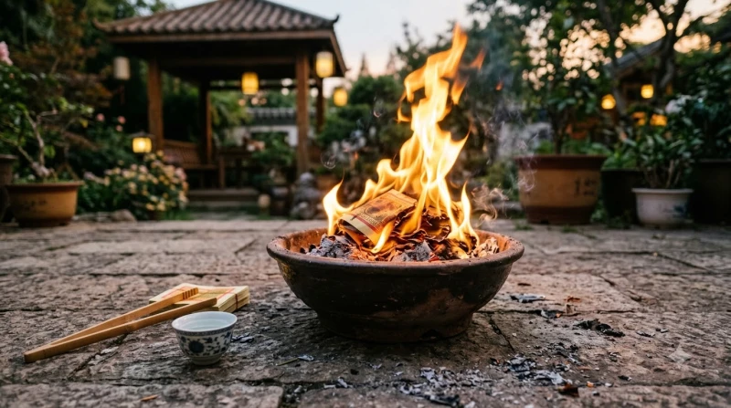 Gia chủ đang thành kính hóa vàng mã và tưới rượu cúng xung quanh tro tàn sau buổi lễ