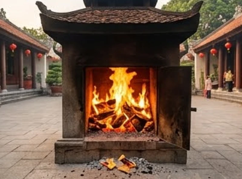 Ngọn lửa hóa vàng sớ sách đỏ rực tại lò đốt mã riêng của nhà đền dịp cuối năm