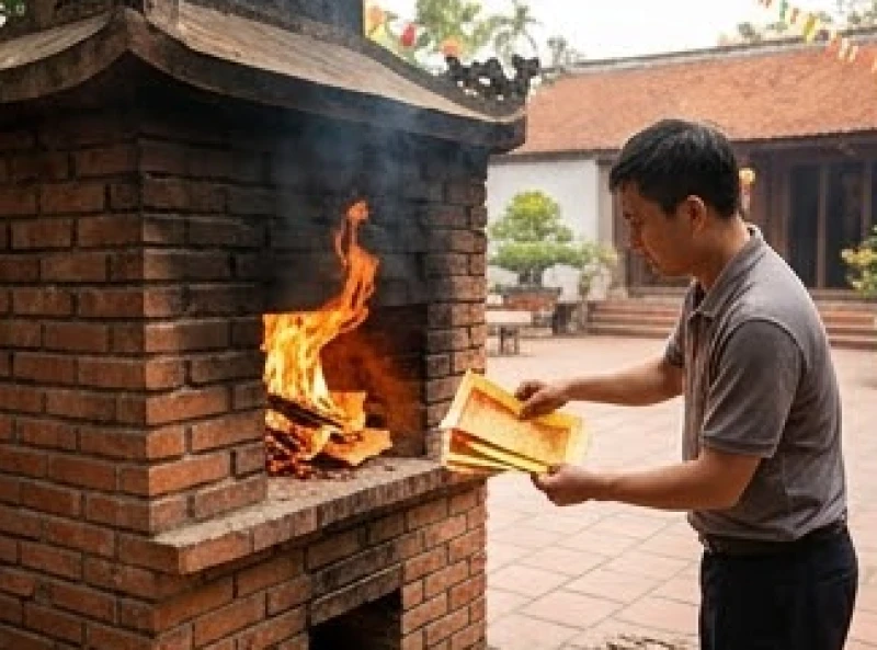 Văn khấn miếu Bà: Trình tự dâng lễ và bài cúng chuẩn 9 Người đi lễ cẩn thận hóa từng tờ tiền vàng mã tại lò đốt quy định của đền sau khi nén hương trên ban thờ đã cháy quá nửa