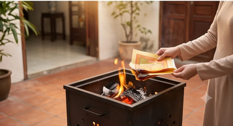 Quá trình hóa giấy tiền vàng mã vào lò đốt chuyên dụng sau khi nhang trên bàn thờ đã cháy hết