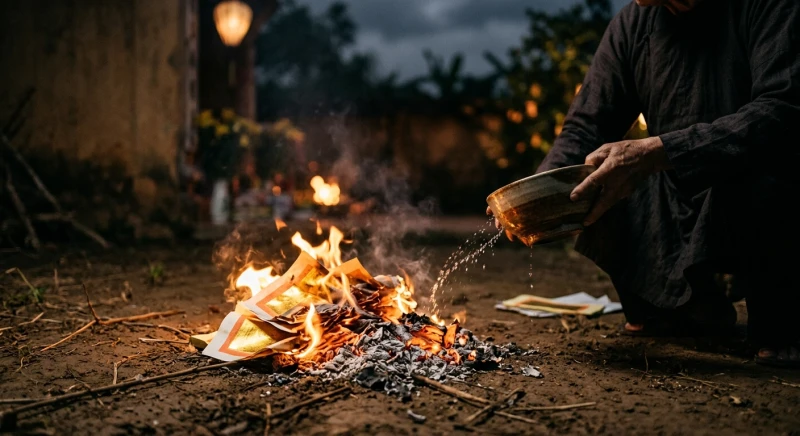 Gia chủ vẩy chút rượu trắng lên đống tro vàng mã đang cháy râm ran để hoàn tất nghi thức tạ mộ