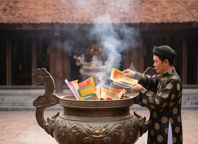 Văn khấn cầu con tại chùa: Bài khấn chuẩn, lễ vật và văn tạ lễ 11 Tín chủ cẩn thận hóa giấy tiền vàng mã tại khu vực lư hóa vàng của nhà chùa sau khi hoàn tất buổi lễ