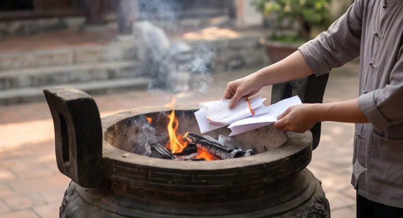 Thực hiện nghi thức hóa vàng mã tại lư hương quy định sau khi nhang tàn