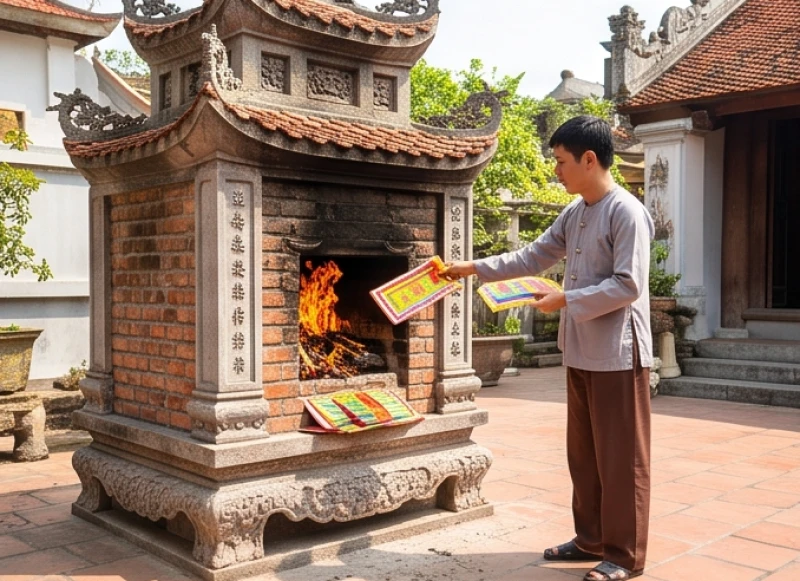 Văn khấn Thành Hoàng làng: Bài cúng chuẩn tại đình và bái vọng 10 Nghi thức hóa vàng mã được thực hiện cẩn thận tại tháp thiêu kim ở khu vực sân ngoài