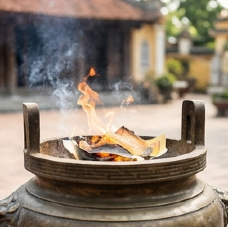 Văn khấn đình làng ngày rằm: Bài cúng ngày Vọng & trình tự chuẩn 9 Tiền vàng mã được hóa thành tro vụn an toàn bên trong lư hóa vàng bằng đồng đặt tại sân đình