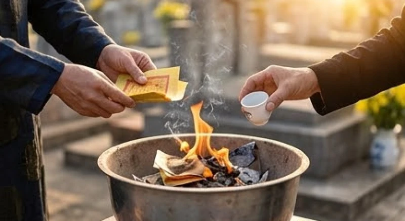 Văn khấn tảo mộ đầu năm: Bài cúng chuẩn và sắm lễ tránh phạm kỵ 7 Người đi lễ hóa vàng mã một cách cẩn thận sau khi hương đã tàn và tưới chút rượu lên đống tro để tạ lễ