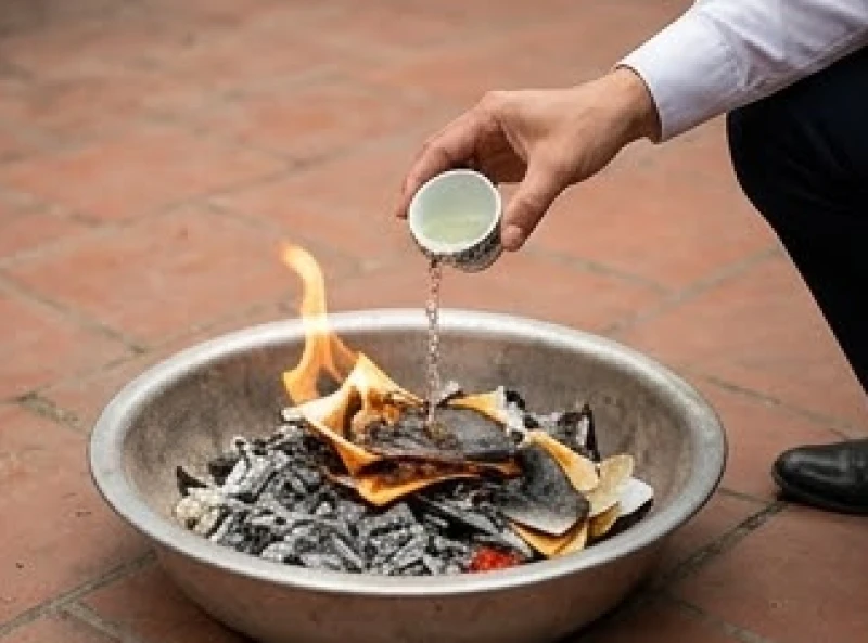 Chủ lễ đang rót một chút rượu cúng lên phần tro tiền vàng sau khi đã hóa xong ở góc sân nhà