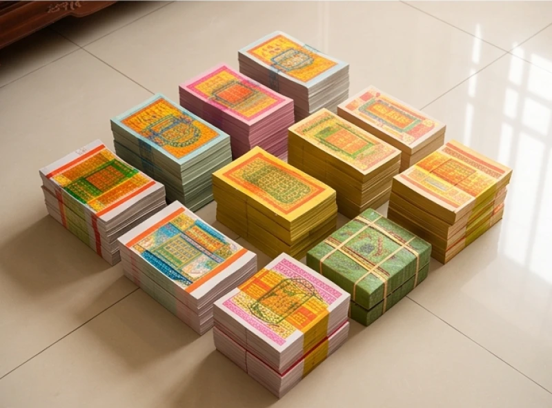 Những xấp giấy tiền vàng mã được phân loại cẩn thận thành từng phần riêng biệt trước khi đem hóa