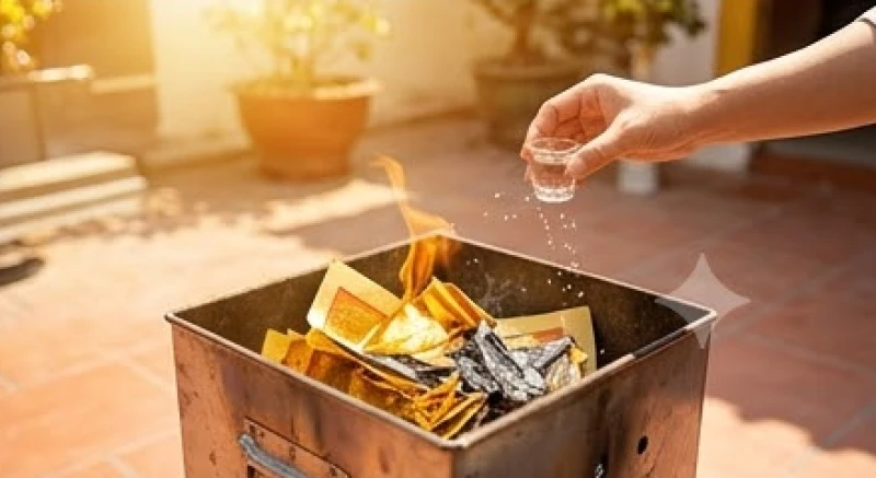 Văn khấn hạ lễ: Bài cúng chuẩn từng ban thờ và cách hóa vàng 8 Hóa vàng mã trong chiếc lư đồng nhỏ ở góc sân và dùng ly rượu rắc nhẹ lên trên phần tro đang tàn