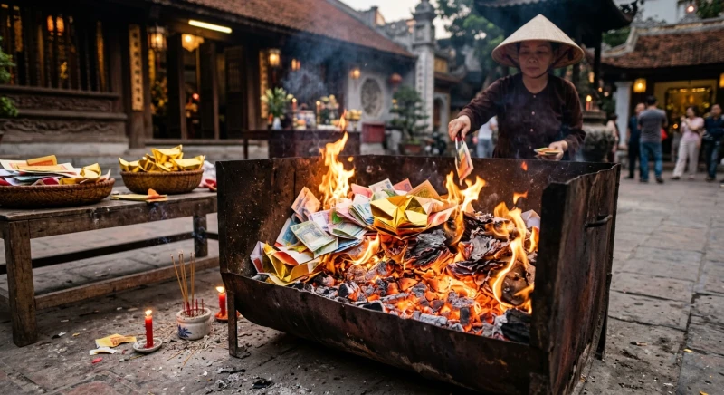 Lò hóa vàng mã rực lửa đốt tiền giấy và thỏi vàng giấy trước cửa hàng sau khi lễ cúng hoàn tất
