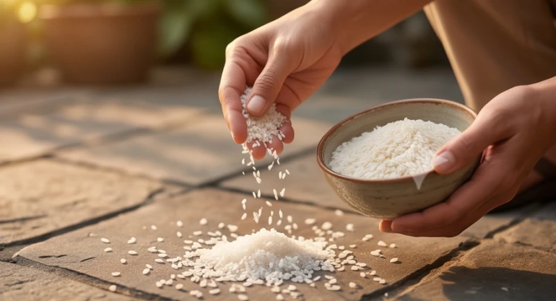Bàn tay đang rắc gạo và muối ra trước sân nhà sau lễ cúng dâng sao