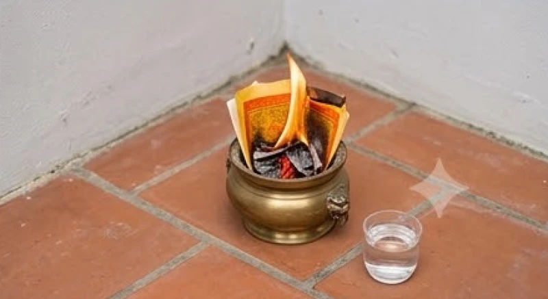 Đốt tiền vàng mã trong chiếc lư đồng ngoài góc sân sau khi nhang trên hương án đã tàn
