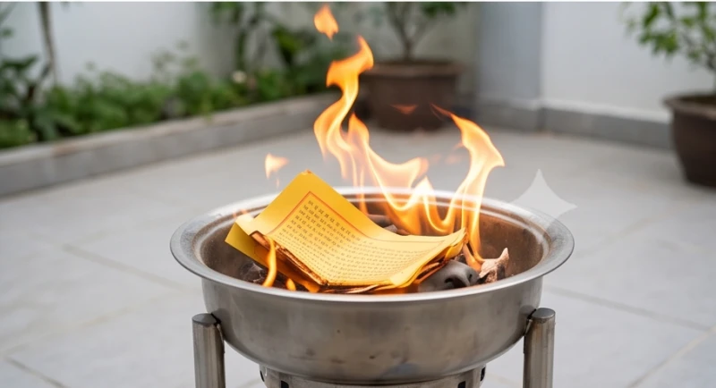 Tờ sớ nôm đang được hóa vàng cẩn thận trong chậu đốt chuyên dụng sau khi nhang trên bàn thờ đã tàn