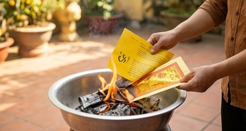 Văn khấn Bà Bổn Mạng: Bài cúng chuẩn danh xưng và cách sắm lễ 8 Gia chủ nhẹ nhàng châm lửa hóa tờ sớ cúng và giấy tiền vàng mã