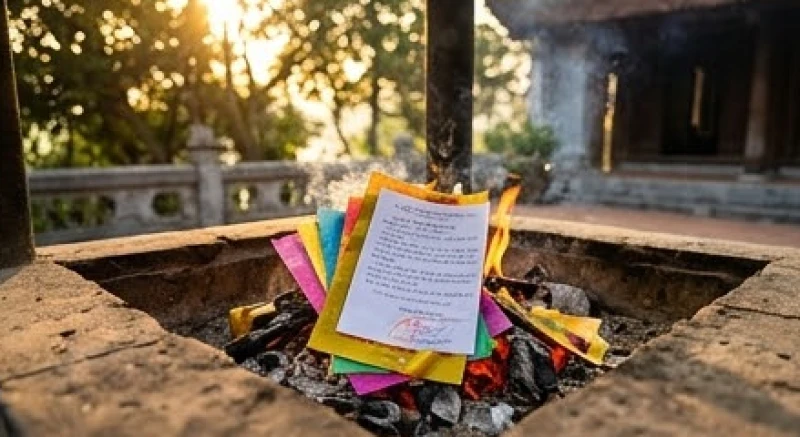 Tín chủ nhẹ nhàng hóa sớ trạng và tiền vàng mã sau khi tuần hương đã tàn tại lư hương ngoài trời