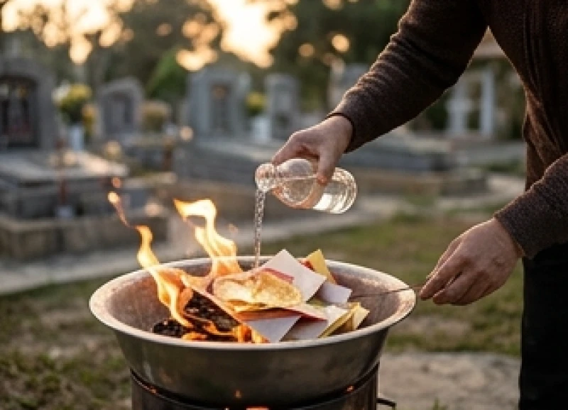 Văn khấn mời gia tiên về ăn Tết: Bài cúng ngoài mộ và tại gia 8 Gia chủ rưới rượu trắng vòng quanh đống tro hóa vàng để vong linh người cõi âm nhận đủ hành trang