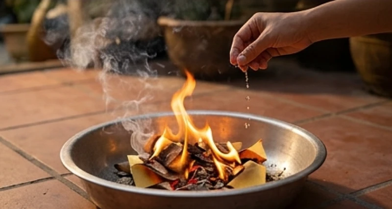 Bàn tay rảy nhẹ một chút rượu trắng vòng quanh khu vực tro tàn sau khi hoàn thành việc hóa vàng mã