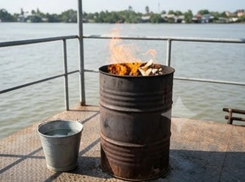 Văn khấn cúng Bà Cậu: bài cúng chuẩn và nghi thức dâng lễ 11 Đốt giấy tiền vàng mã cẩn thận trong thùng kim loại trên boong tàu