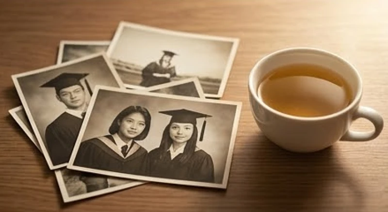Những bức ảnh kỷ yếu cũ được sắp xếp gọn gàng trên bàn bên cạnh tách trà ấm