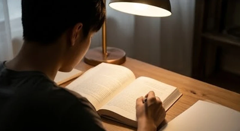 Đường sự nghiệp bị đứt đoạn: Ý nghĩa mốc tuổi và cách cải vận 6 Một người đang chăm chú đọc sách và ghi chép dưới ánh đèn vàng để nâng cao kỹ năng nghề nghiệp