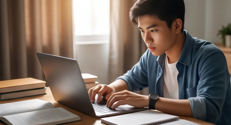 Nam học sinh Gen Z đang tập trung cao độ giải quyết bài tập trên máy tính xách tay và sổ tay