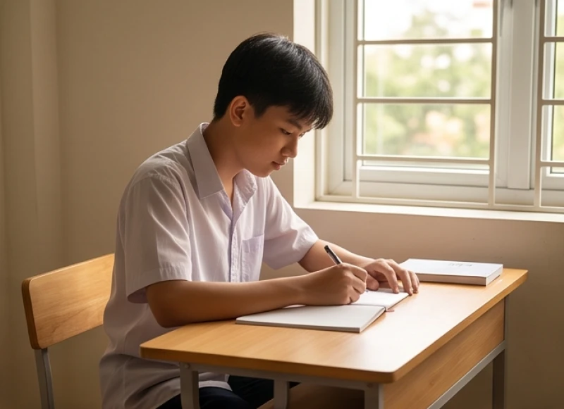 Tử vi tuổi Canh Dần 2010 năm 2026: Lộ trình 12 tháng học hành 1 Học sinh nam ngồi tập trung giải bài tập trên chiếc bàn học gỗ bên cạnh cửa sổ ngập tràn ánh sáng