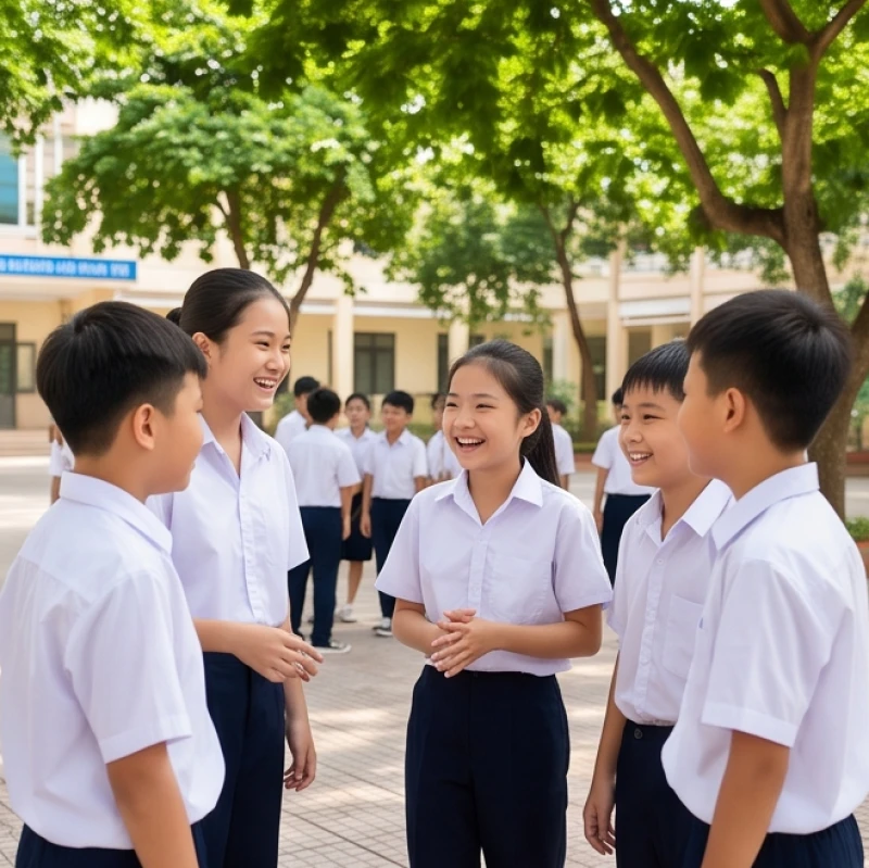 Nhóm học sinh nam nữ mặc đồng phục vui vẻ trò chuyện dưới sân trường trong giờ ra chơi