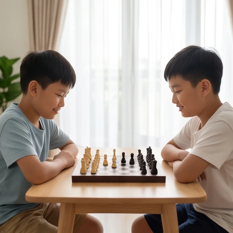 Hai cậu bé đang tập trung suy nghĩ khi chơi cờ vua trong một không gian sinh hoạt ngoại khóa