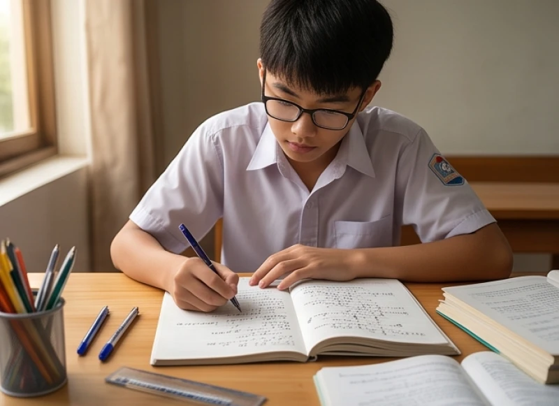 Học sinh lứa tuổi chuyển cấp đang say sưa tập trung giải các bài tập toán logic phức tạp