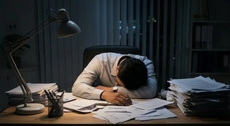 Một nhân viên gục đầu xuống bàn làm việc vì quá tải áp lực và dồn nén cảm xúc kéo dài