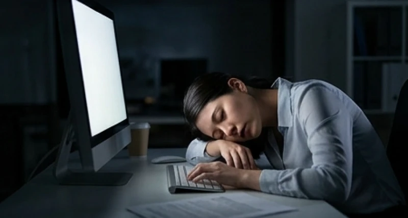 Nữ nhân viên gục đầu mệt mỏi xuống bàn phím máy tính giữa đêm khuya vì hội chứng kiệt sức nghề nghiệp