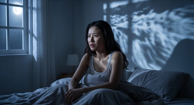 Một người trằn trọc mất ngủ trên giường giữa đêm khuya vì những lo âu bủa vây