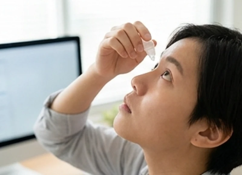 Bệnh nhân nhỏ nước mắt nhân tạo để cấp ẩm cho giác mạc bị khô rát do hội chứng mỏi mắt kỹ thuật số
