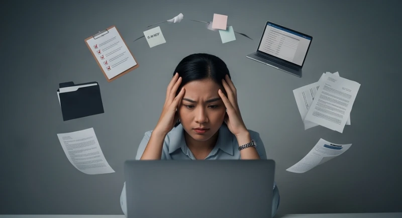 Mơ thấy tìm đồ mãi không thấy: Giải mã tâm lý bế tắc & con số 3 Khối lượng công việc khổng lồ đè nặng lên vai người phụ nữ đang ngồi ôm đầu trước màn hình máy tính