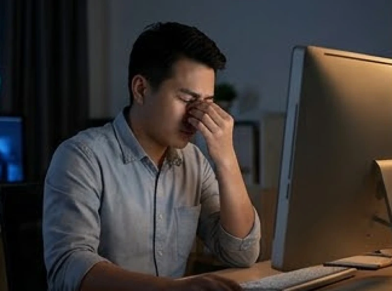 Mắt giật liên tục là điềm gì? Phân biệt tâm linh và y học 5 Nam nhân viên văn phòng làm việc khuya trước màn hình máy tính gây ra tình trạng mỏi và nháy mắt