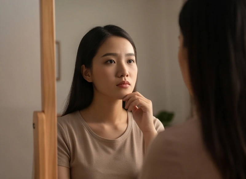 Cô gái trầm ngâm nhìn vào gương phản ánh sự tự ti sâu sắc trong mối quan hệ tình cảm