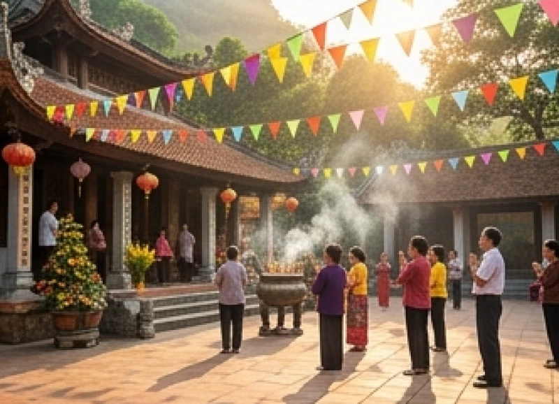 Văn khấn Đền Bắc Lệ: Hướng dẫn sắm lễ và thứ tự bái yết 3 Người dân nô nức tham gia lễ dâng hương và nghi thức hầu đồng truyền thống trong không gian rực rỡ cờ hoa tại đền Bắc Lệ
