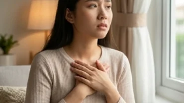 Người phụ nữ ôm ngực trái với biểu cảm lo âu thắc mắc hồi hộp bất thường là điềm gì