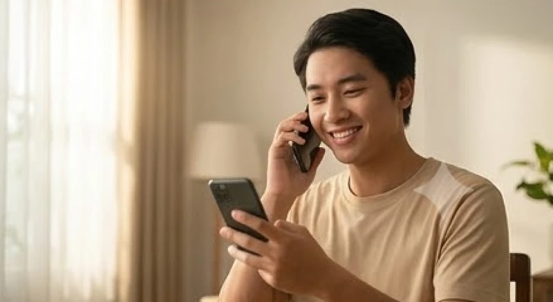 Một người trưởng thành mỉm cười tươi tắn khi đang cầm điện thoại gọi về hỏi thăm sức khỏe đấng sinh thành