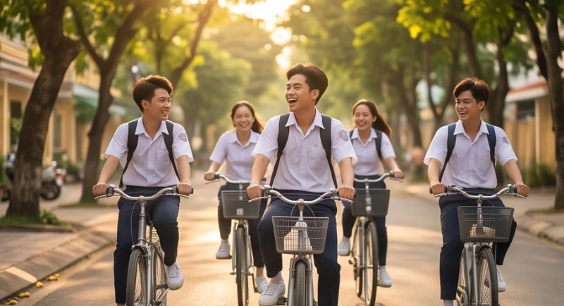 Mơ thấy bạn học cấp 3: Điềm báo, số may mắn & giải mã tâm lý 4 Nhóm học sinh trung học hồn nhiên đạp xe dưới những tán cây xanh mát trên con đường đầy nắng gắt.