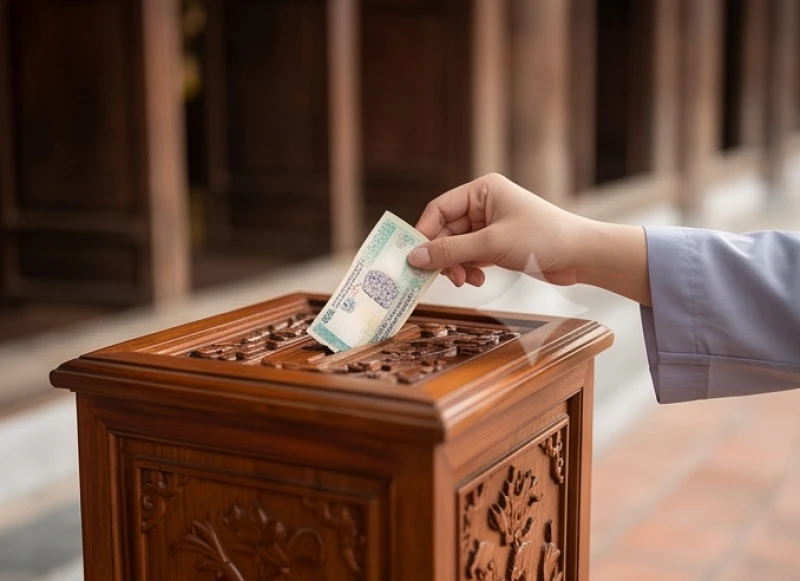 Một bàn tay nhẹ nhàng bỏ tiền lẻ đã được gấp gọn gàng vào hòm công đức bằng gỗ đặt ngay ngắn bên hông điện thờ