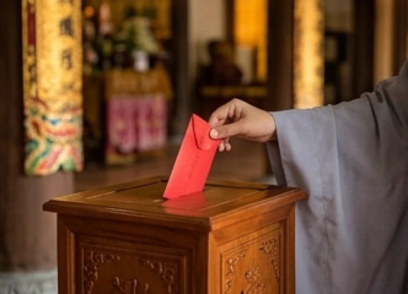 Người Phật tử cẩn thận bỏ phong bì tiền giọt dầu vào hòm phước sương đặt cạnh chính điện