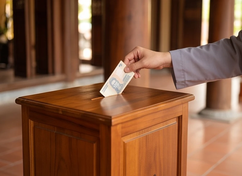 Tiền cúng dường được người dân cẩn thận bỏ vào hòm công đức bằng gỗ đặt trong khuôn viên chùa
