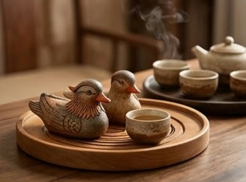 Đôi uyên ương gốm sứ mộc mạc đặt trên khay gỗ tròn bên cạnh bộ ấm chén uống trà gia đình ấm cúng