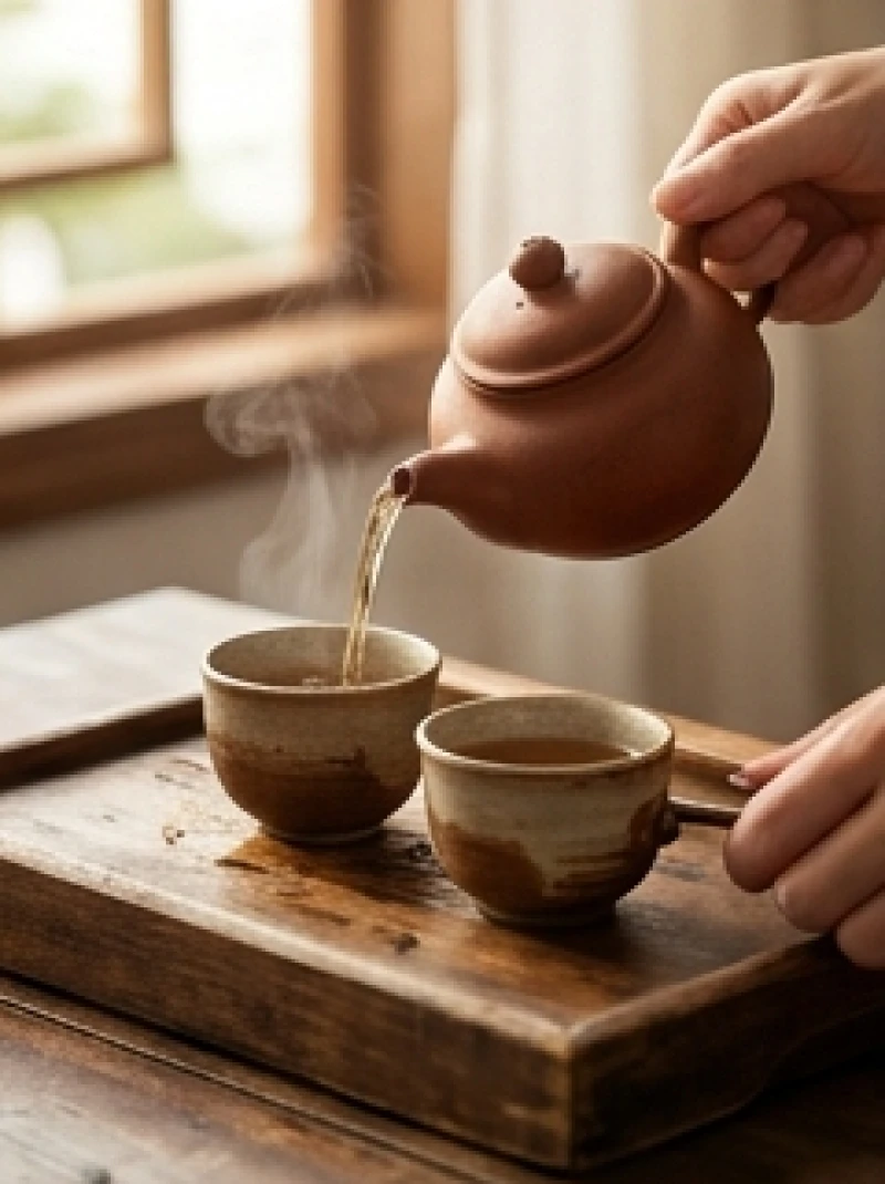 Đôi tay đang rót trà nóng vào hai tách gốm sứ thủ công một cách nhẹ nhàng